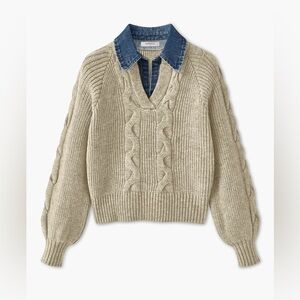 Commense Beige Cable Knit Denim Panel Sweater